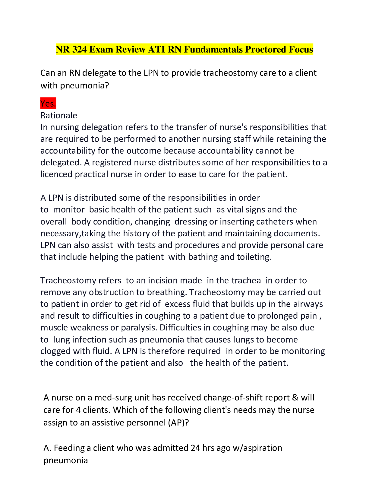 Preview of NR 324 Exam Review ATI RN Fundamentals Proctored Focus - Questions, Answers and Rationales